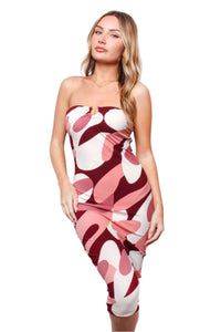 Women's Strapless Wave Print U Ring Front Midi Dress