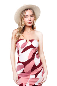 Women's Strapless Wave Print U Ring Front Midi Dress