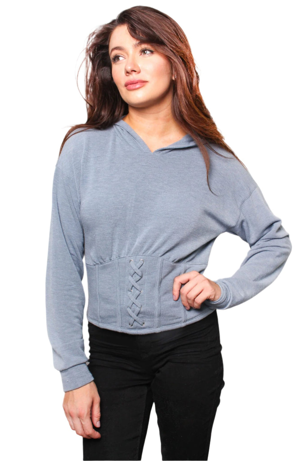 Women's Long Sleeve Corset Waist Detail Hoodie Crop Top