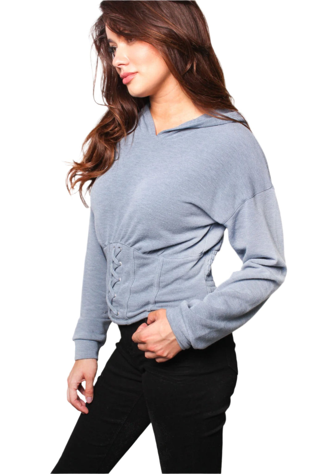 Women's Long Sleeve Corset Waist Detail Hoodie Crop Top