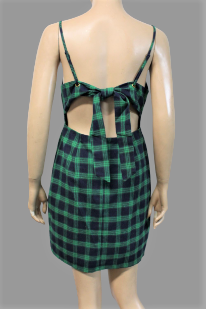 Women's Strappy Plaid Mini Dress with Back Ribbon