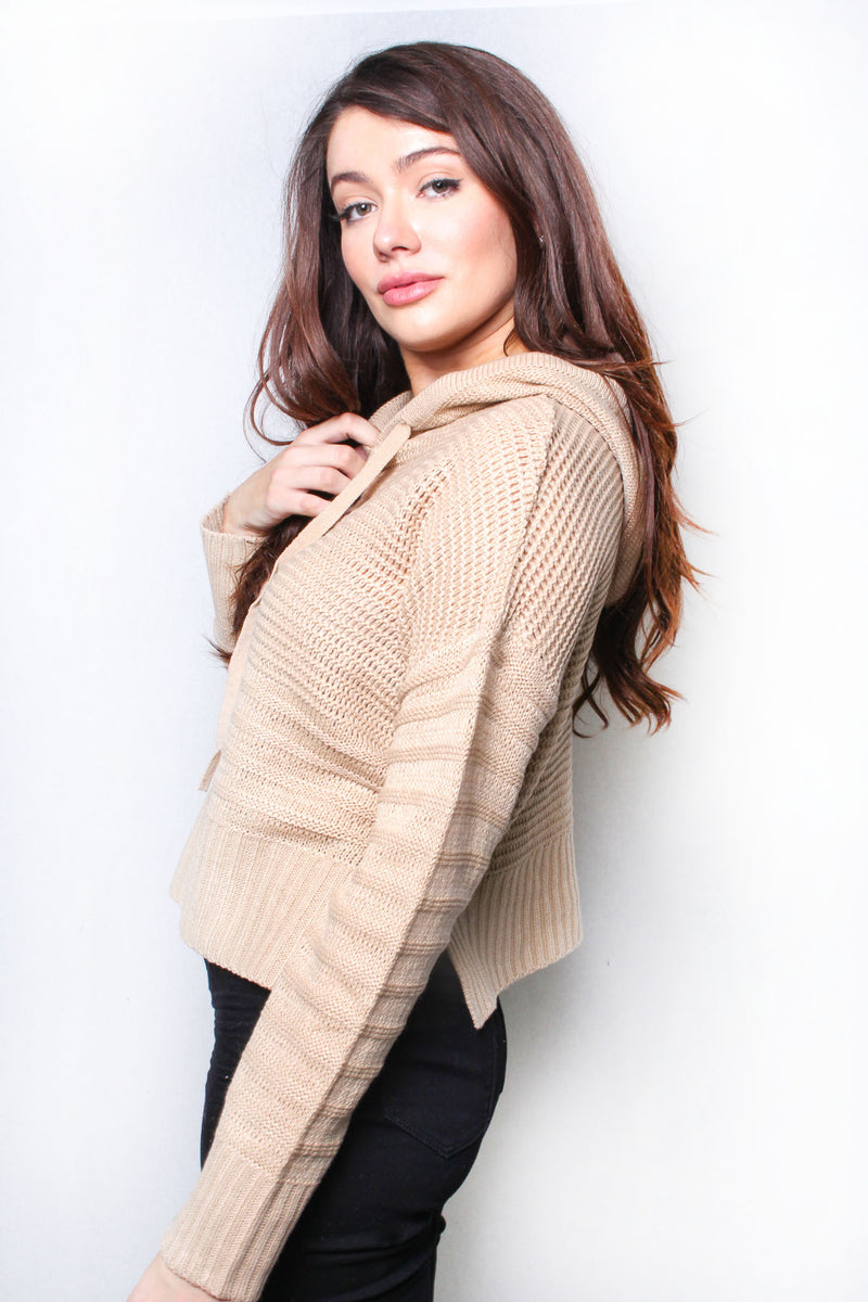 Women's Long Sleeve Cable Knit Drawstring Hoodie Sweater
