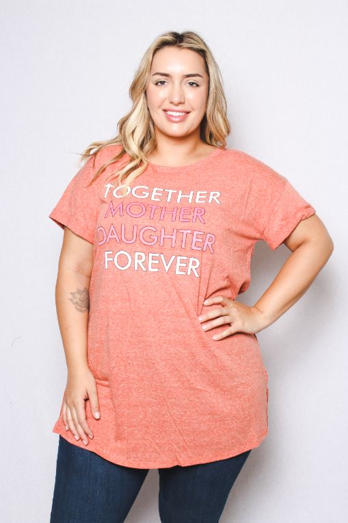 Women's Plus Size Round Neck Short Rollup Sleeve Tunic Shirt with "Together Mother Daughter Forever" Print