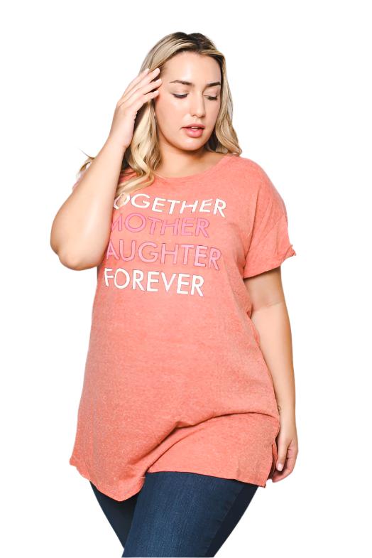 Women's Plus Size Round Neck Short Rollup Sleeve Tunic Shirt with "Together Mother Daughter Forever" Print