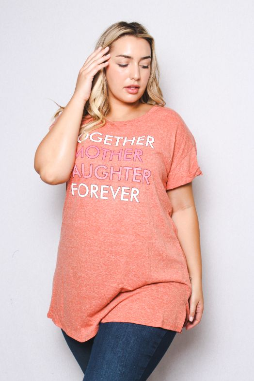 Women's Plus Size Round Neck Short Rollup Sleeve Tunic Shirt with "Together Mother Daughter Forever" Print
