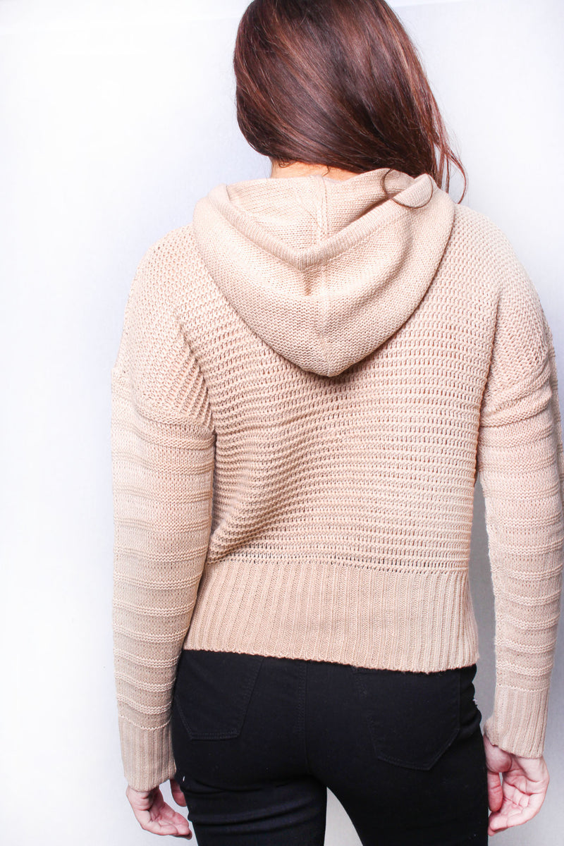 Women's Long Sleeve Cable Knit Drawstring Hoodie Sweater