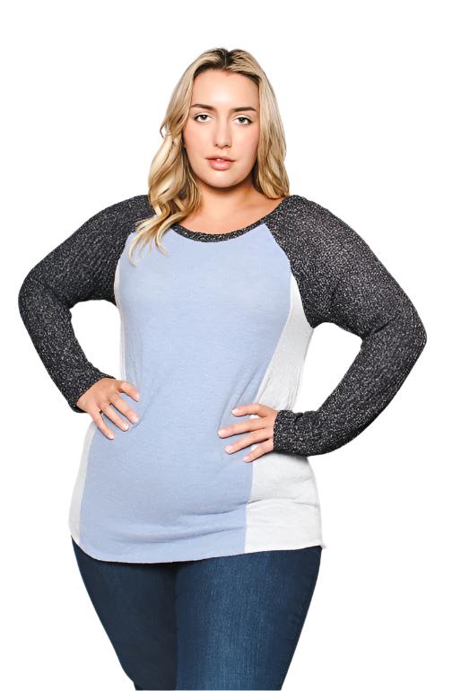 Women's Plus Size Two Tone Knit Long Sleeve Top