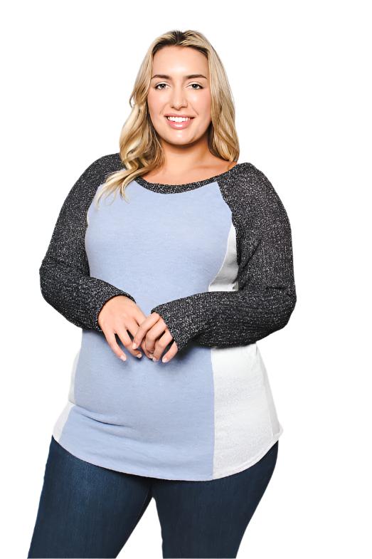Women's Plus Size Two Tone Knit Long Sleeve Top