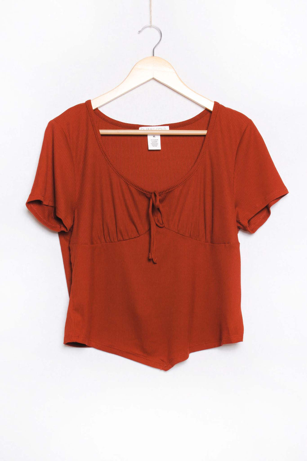 Women's Short Sleeve Scoop Neck Drawstring Ribbed Top