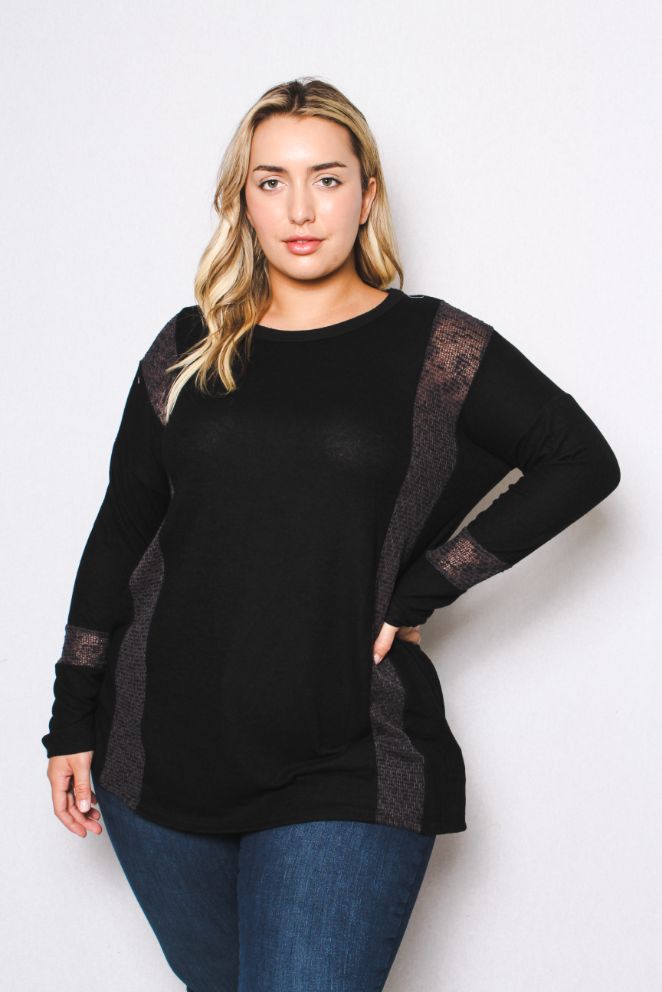 Women's Plus Size Long Sleeve Sweater with Chiffon See Through Detail