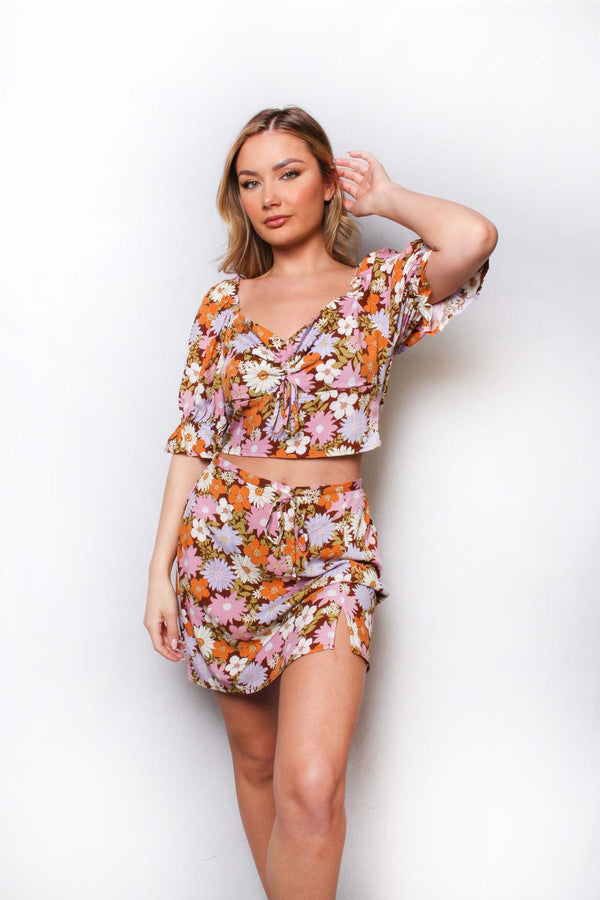 Women's Tie Front Side Slit Floral Skirt