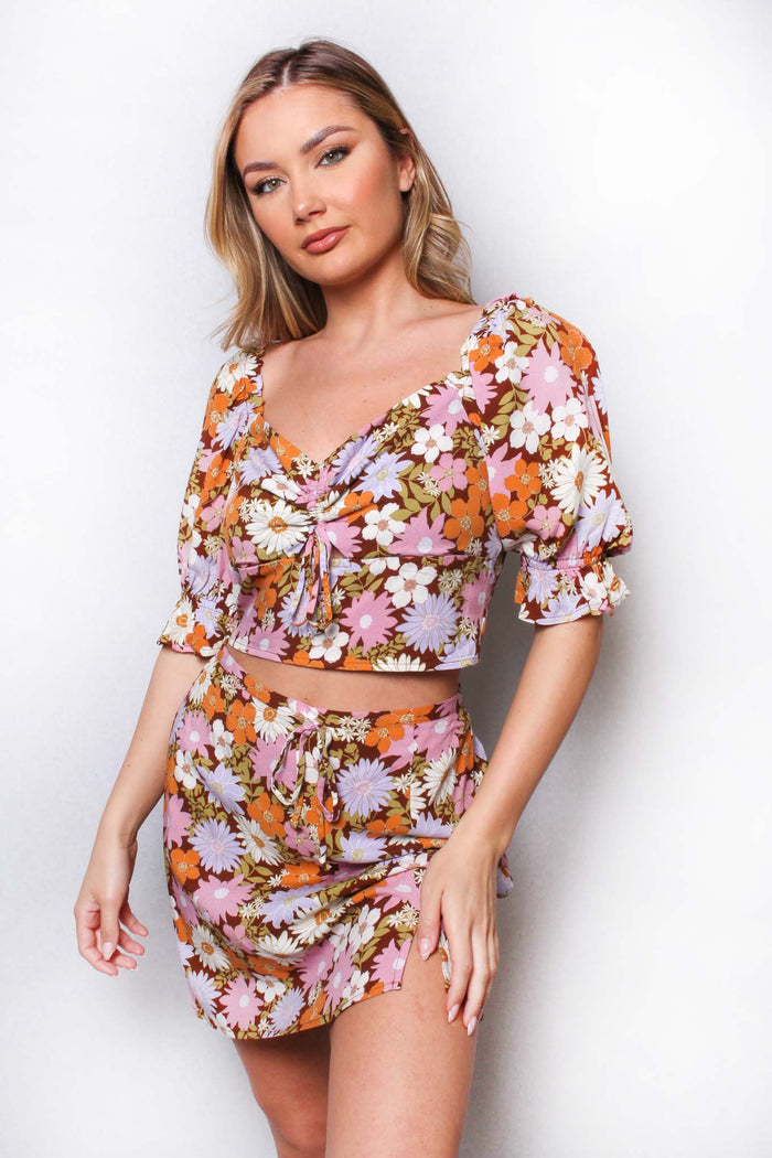 Women's Tie Front Side Slit Floral Skirt