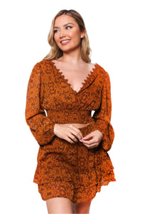 Women's Long Sleeve Lace V Neck Printed Crop Top