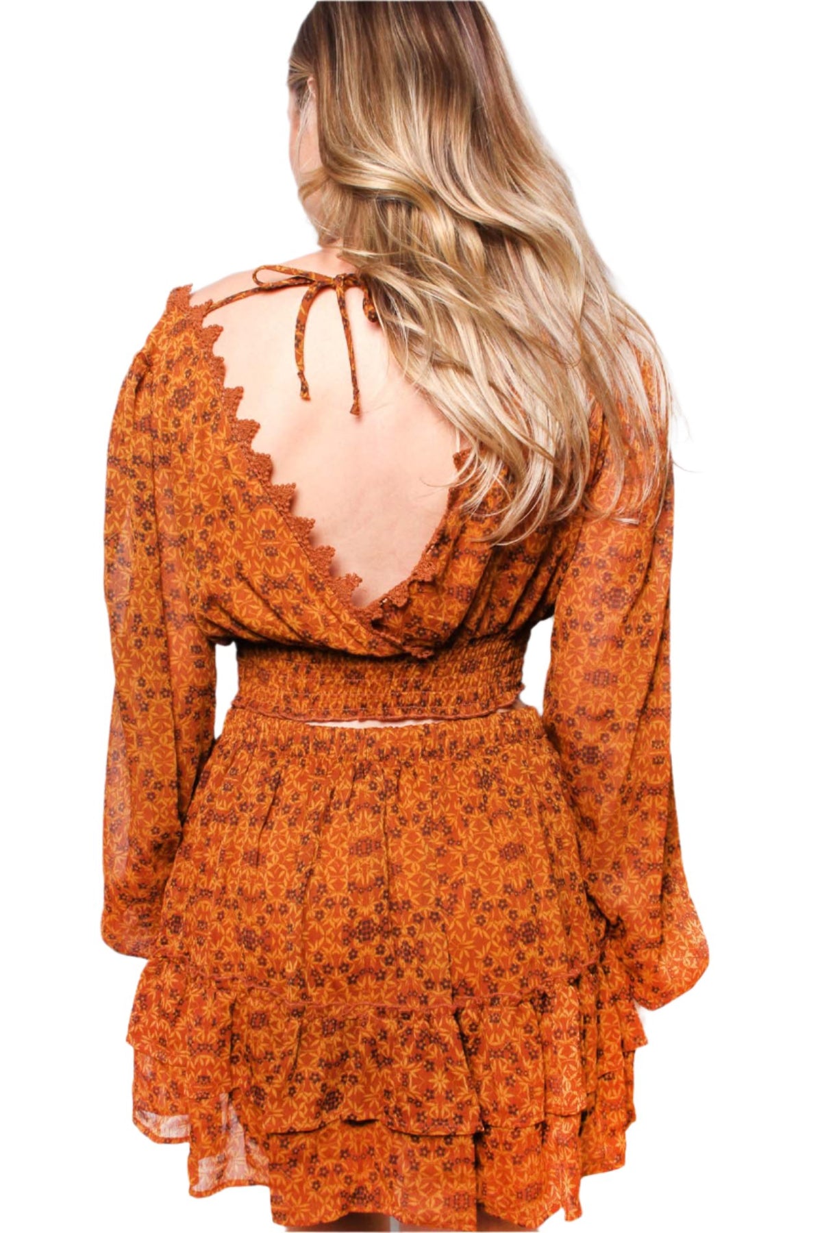 Women's Long Sleeve Lace V Neck Printed Crop Top