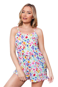 Women's Spaghetti Strap Tie Front Floral Romper