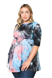 Women's Plus Size Elbow Sleeve Baby Doll Tie Dye Top