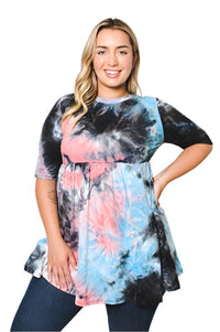 Women's Plus Size Elbow Sleeve Baby Doll Tie Dye Top