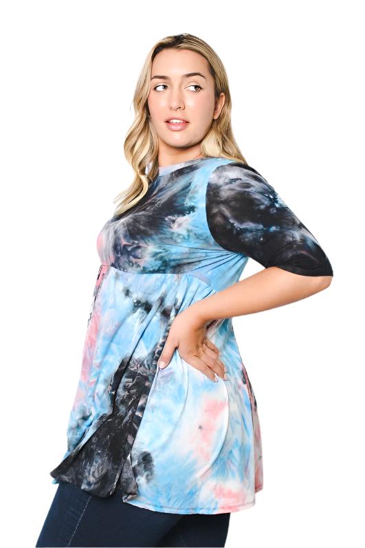 Women's Plus Size Elbow Sleeve Baby Doll Tie Dye Top