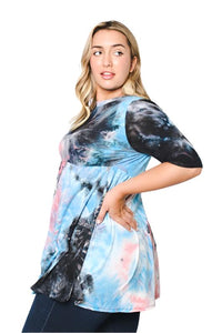 Women's Plus Size Elbow Sleeve Baby Doll Tie Dye Top