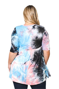 Women's Plus Size Elbow Sleeve Baby Doll Tie Dye Top
