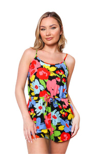 Women's Spaghetti Strap Tie Front Floral Romper