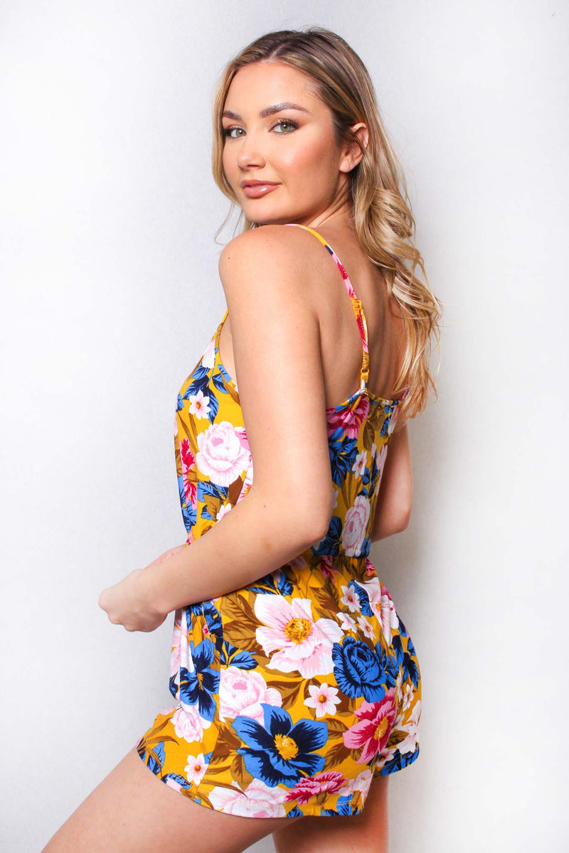 Women's Spaghetti Strap Tie Front Floral Romper