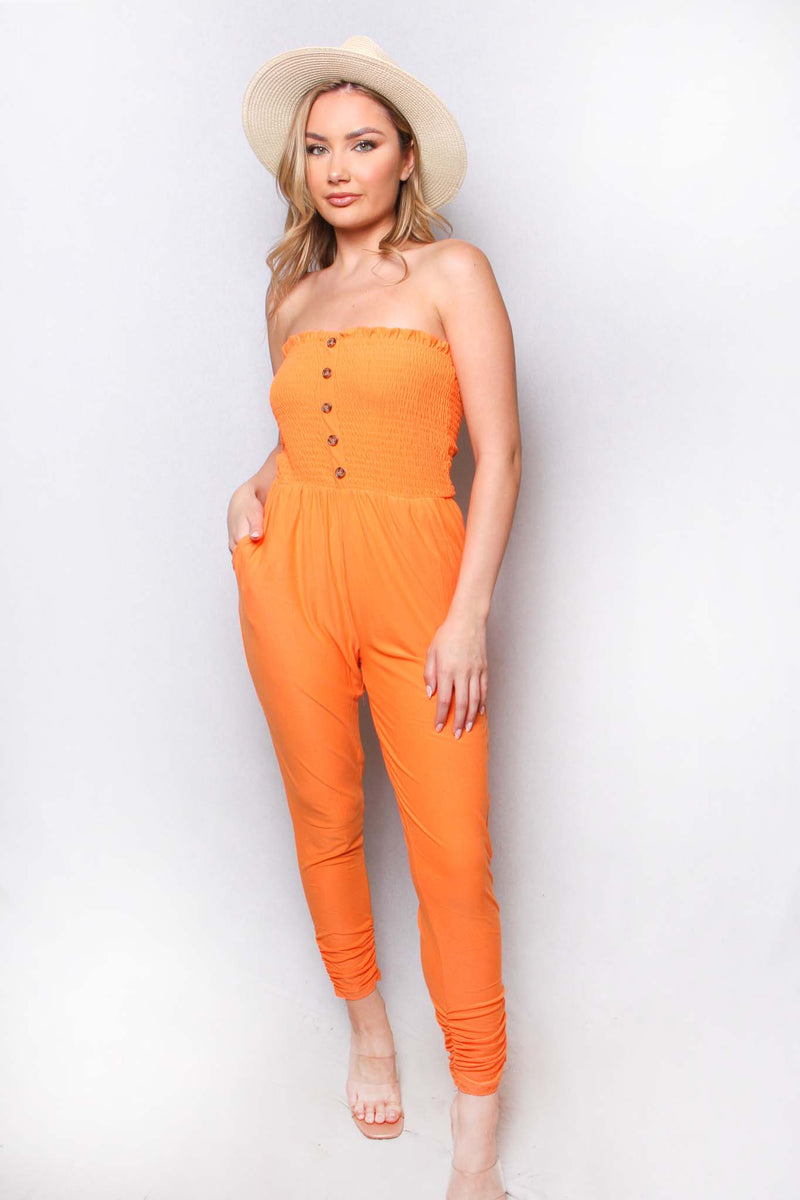 Women's Tube Smocked Button Front Pocket Jumpsuit