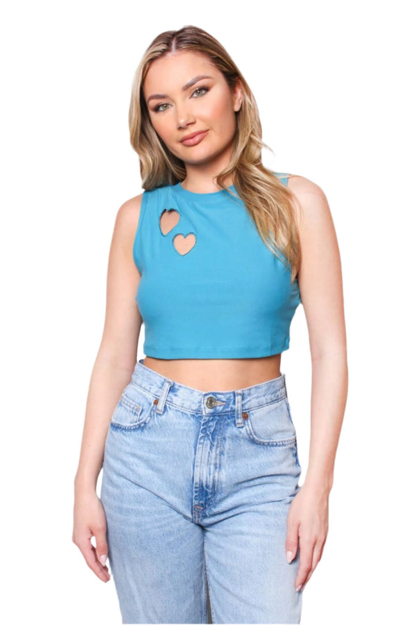 Women's Sleeveless Round Neck Heart Cut Out Solid Top
