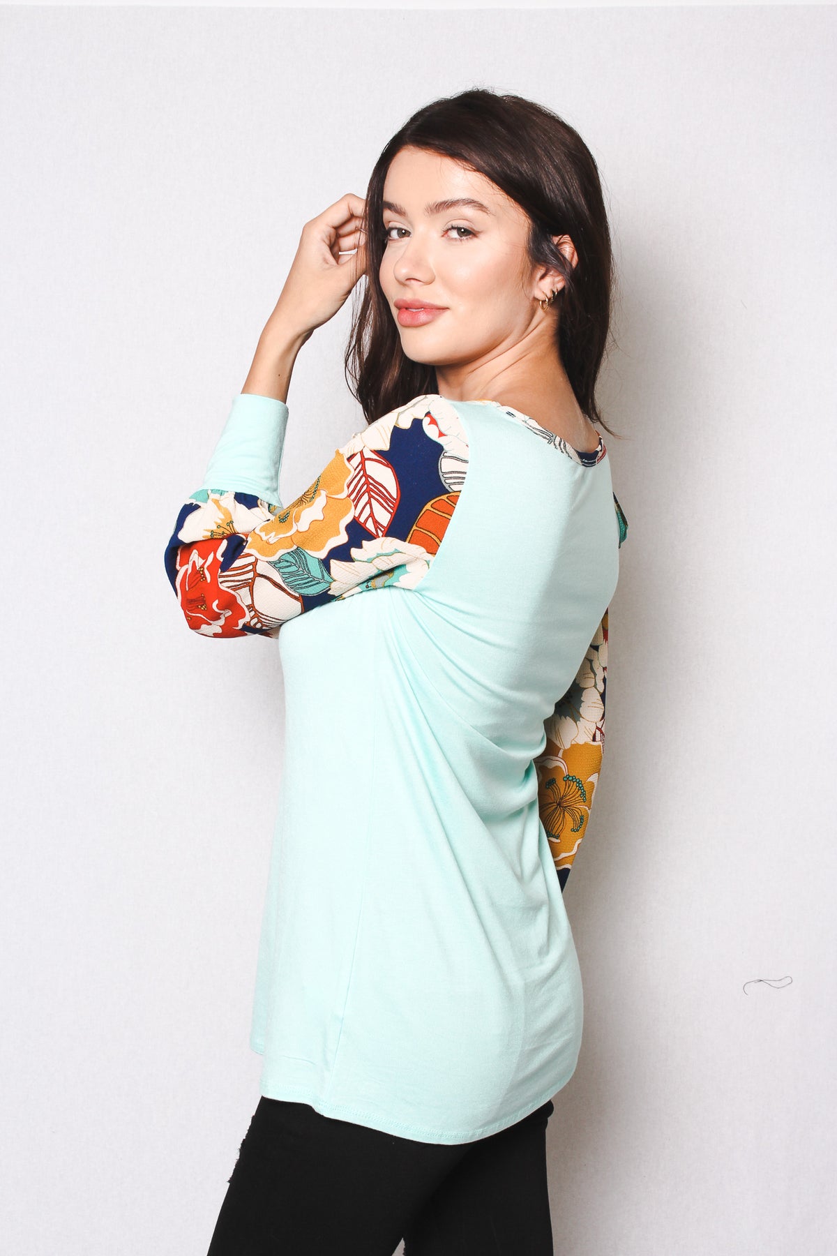 Women's Plus Long Floral Sleeve One Side Cold Shoulder Tunic Top