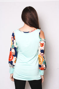 Women's Plus Long Floral Sleeve One Side Cold Shoulder Tunic Top
