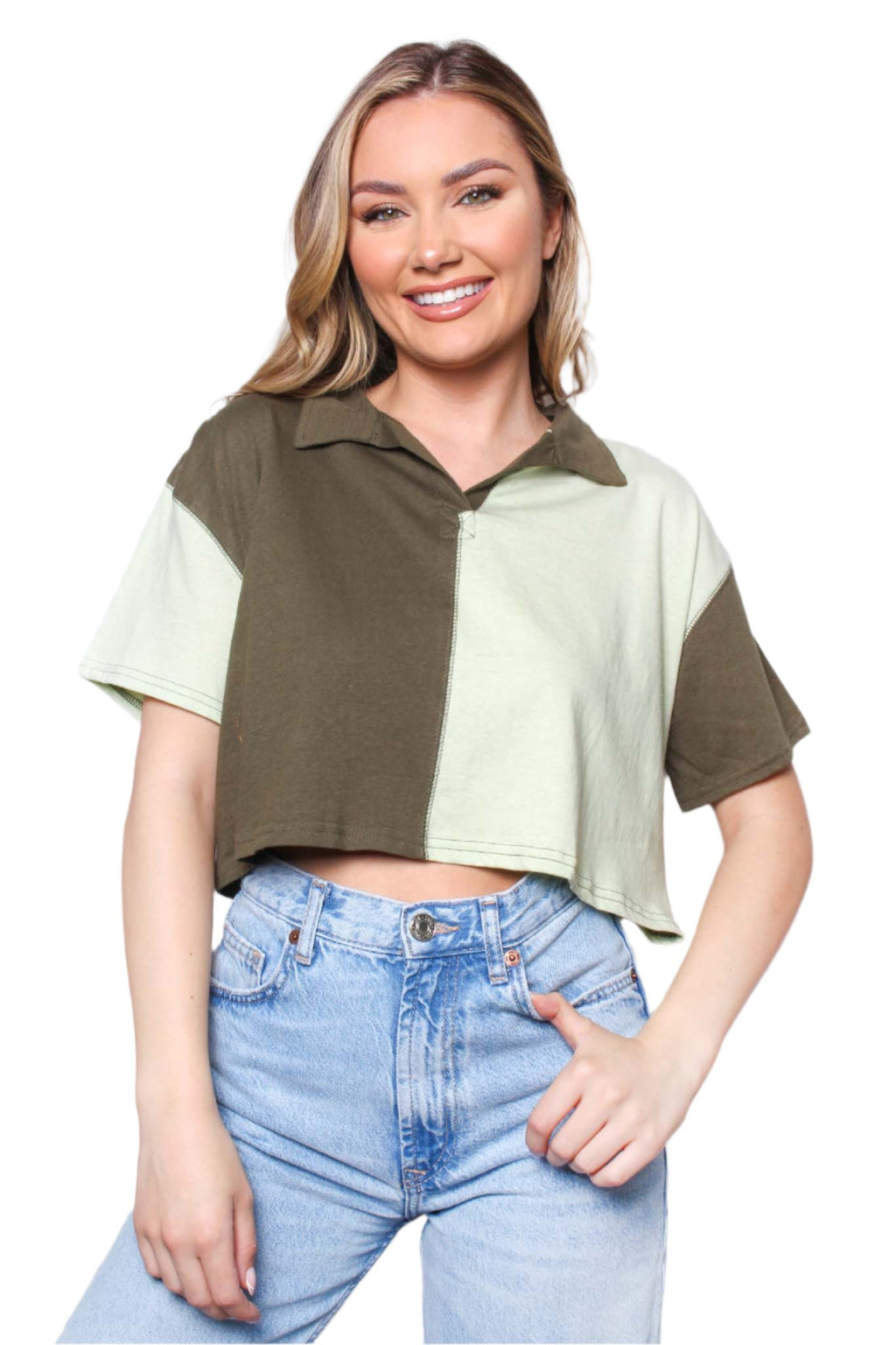 Women's Short Sleeve V Neck Two Toned Crop Top