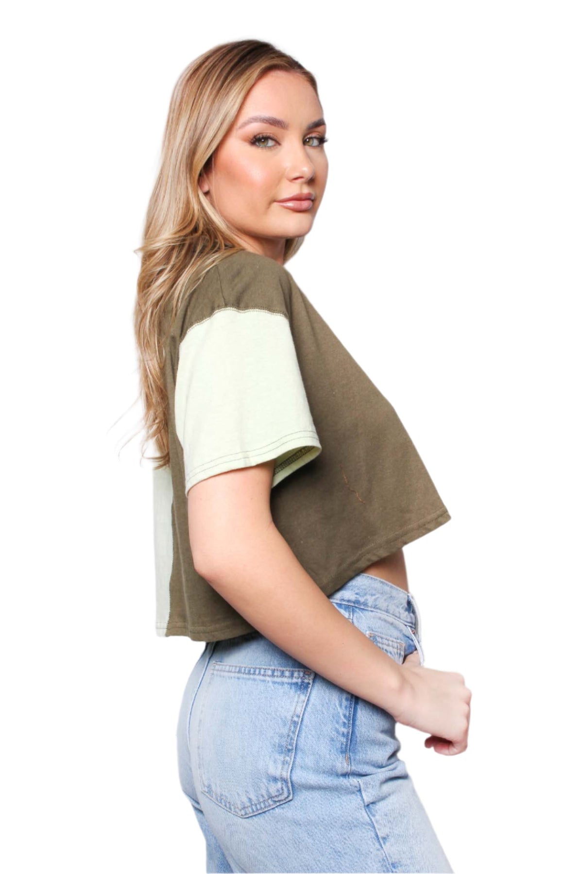 Women's Short Sleeve V Neck Two Toned Crop Top
