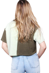 Women's Short Sleeve V Neck Two Toned Crop Top