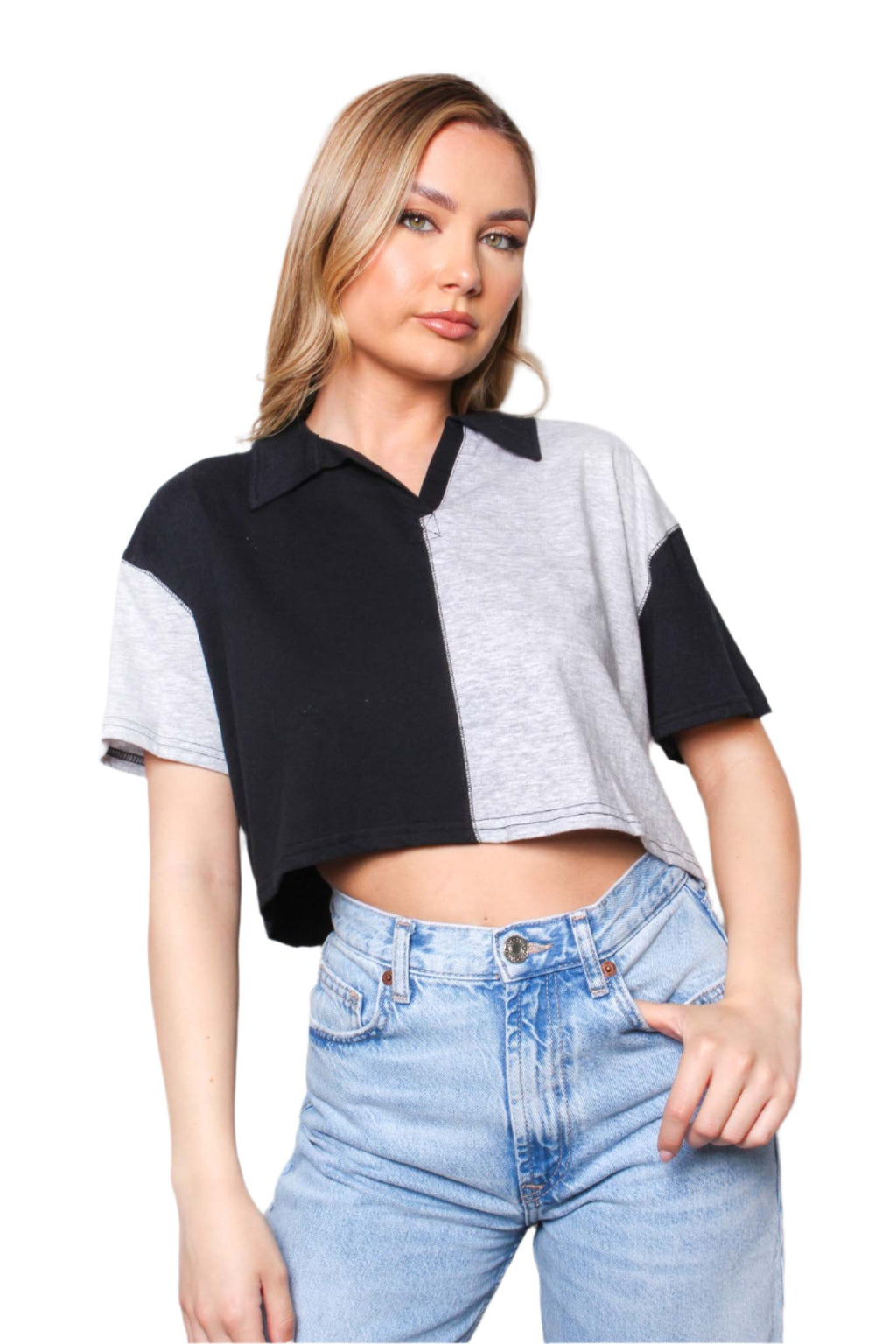 Women's Short Sleeve V Neck Two Toned Crop Top