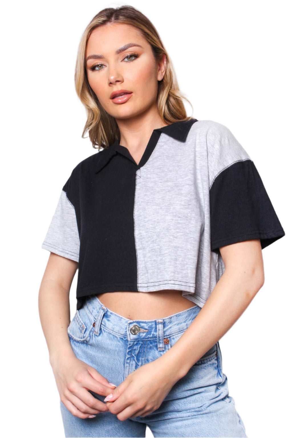 Women's Short Sleeve V Neck Two Toned Crop Top