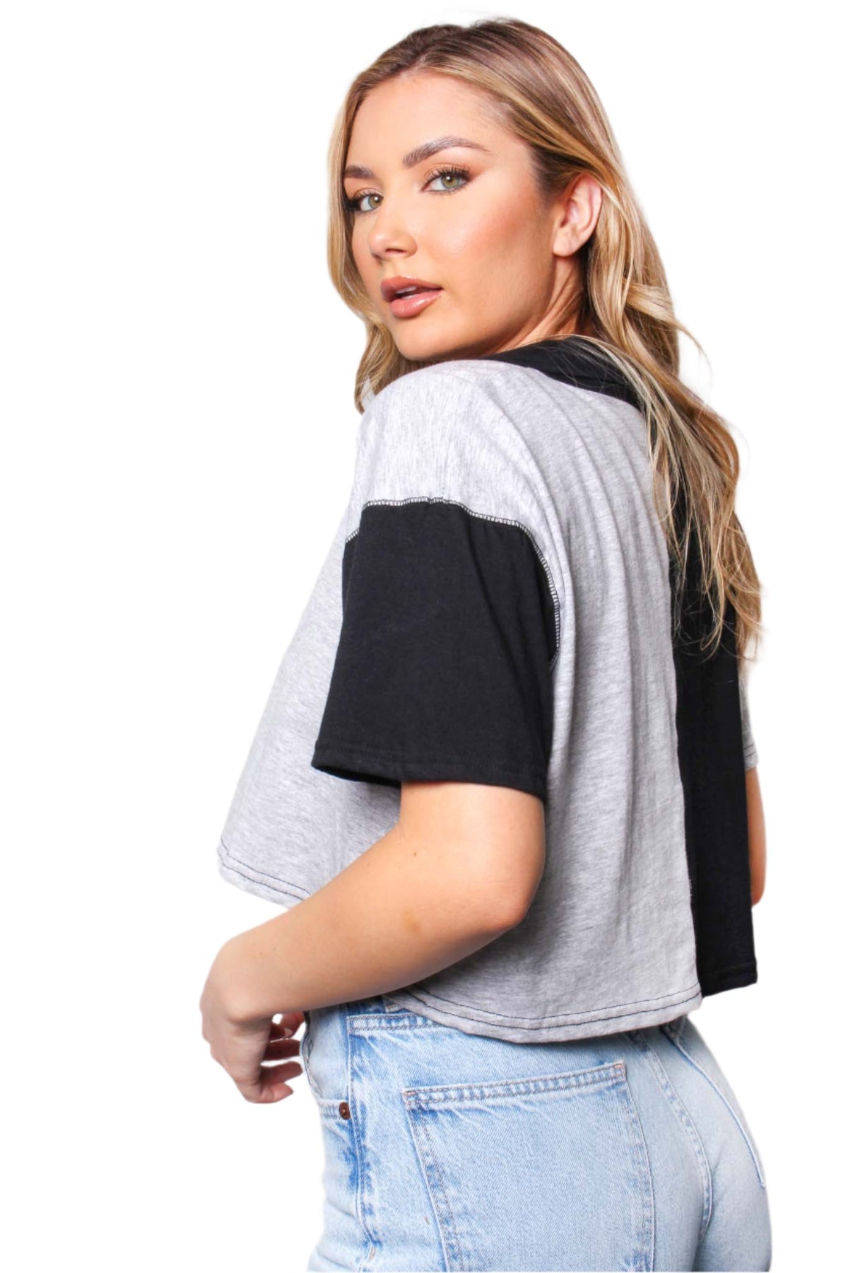 Women's Short Sleeve V Neck Two Toned Crop Top