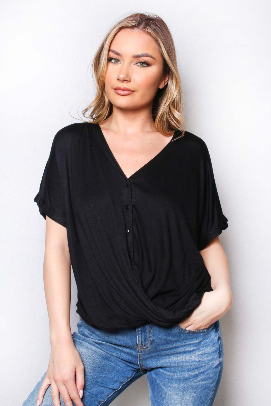 Women's Folded Short Sleeve V Neck Wrap Top