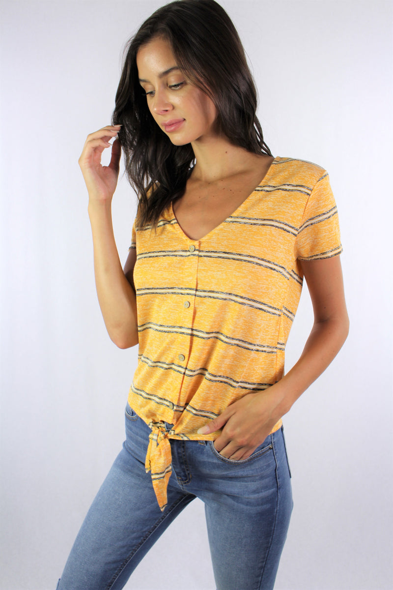Women's Short Sleeve V Neck with Front Knot and Button Detail ***