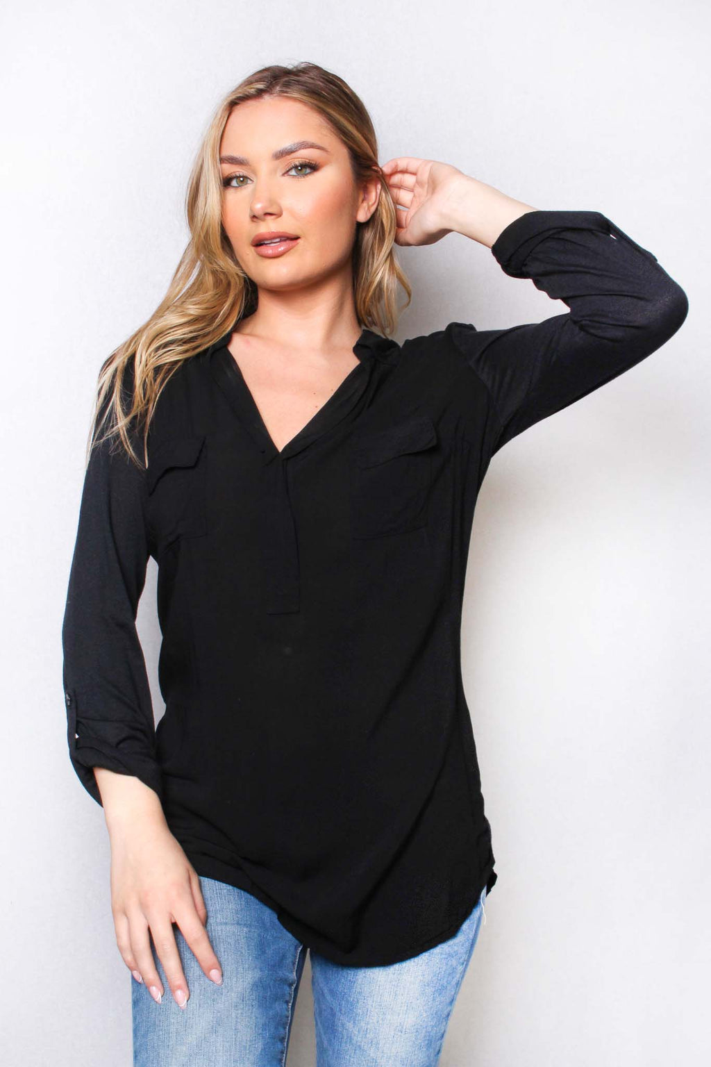 Women's Long Sleeve Collared Double Pocket Top