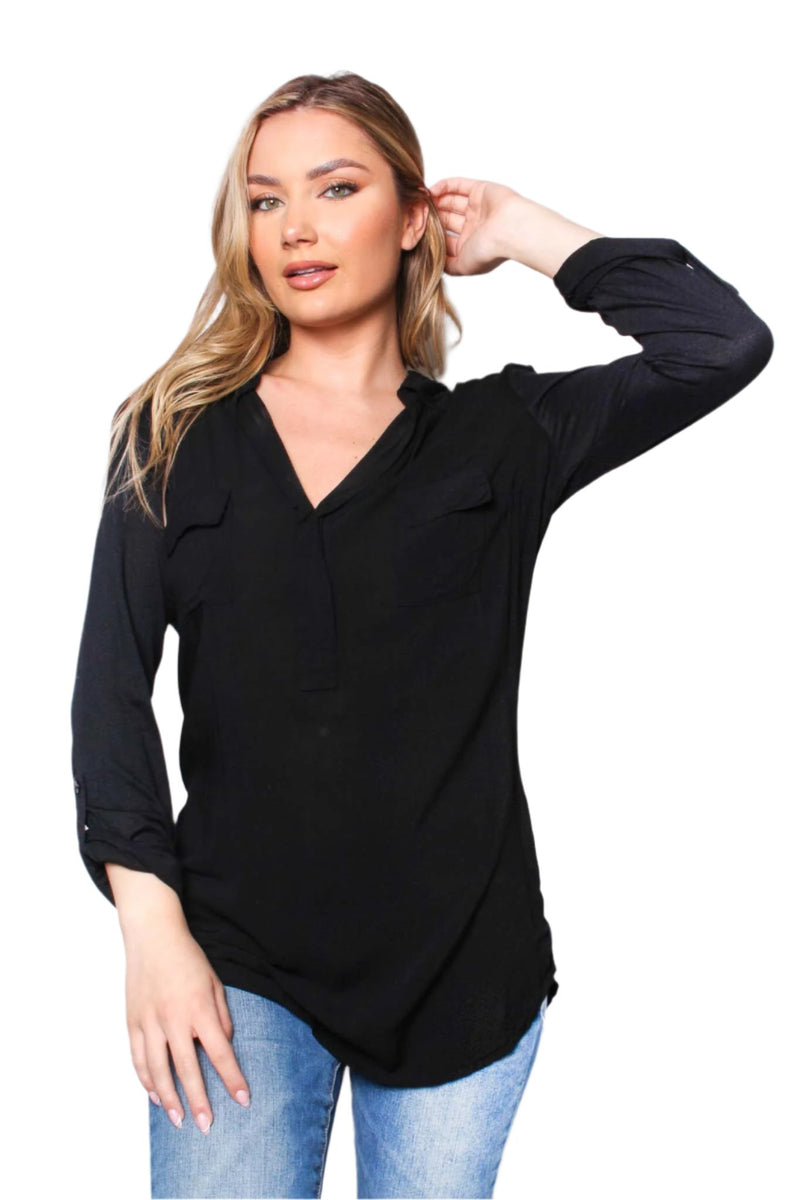 Women's Long Sleeve Collared Double Pocket Top