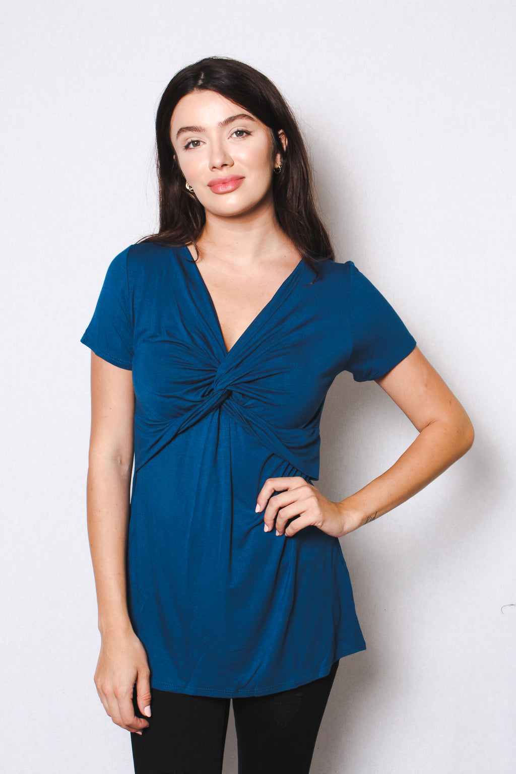 Women's Short Sleeve V Neck Tunic Top with Front Twisted Knot Detail