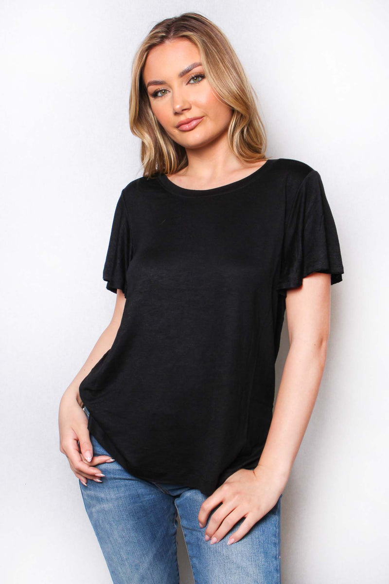 Women's Ruffle Sleeve Round Neck Plain Top