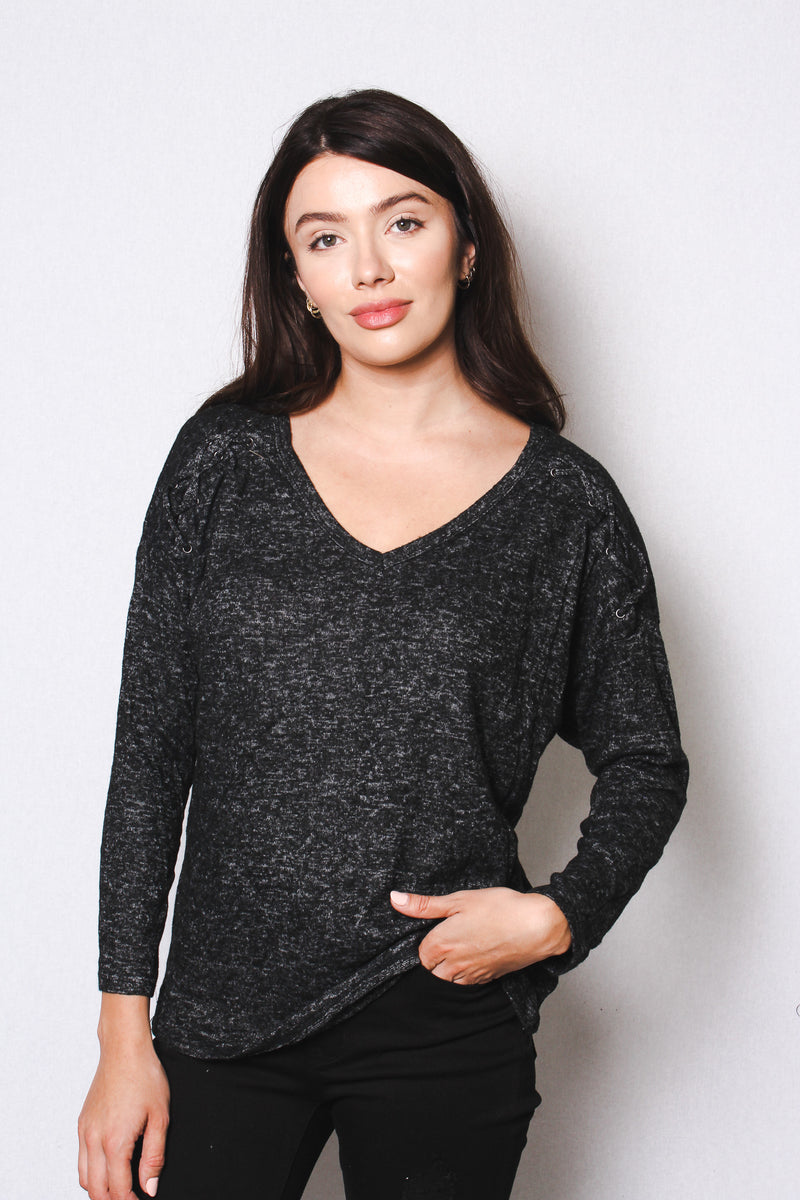 Women's Lace-up Raglan Long Sleeve V Neck Brushed Hacci Sweater