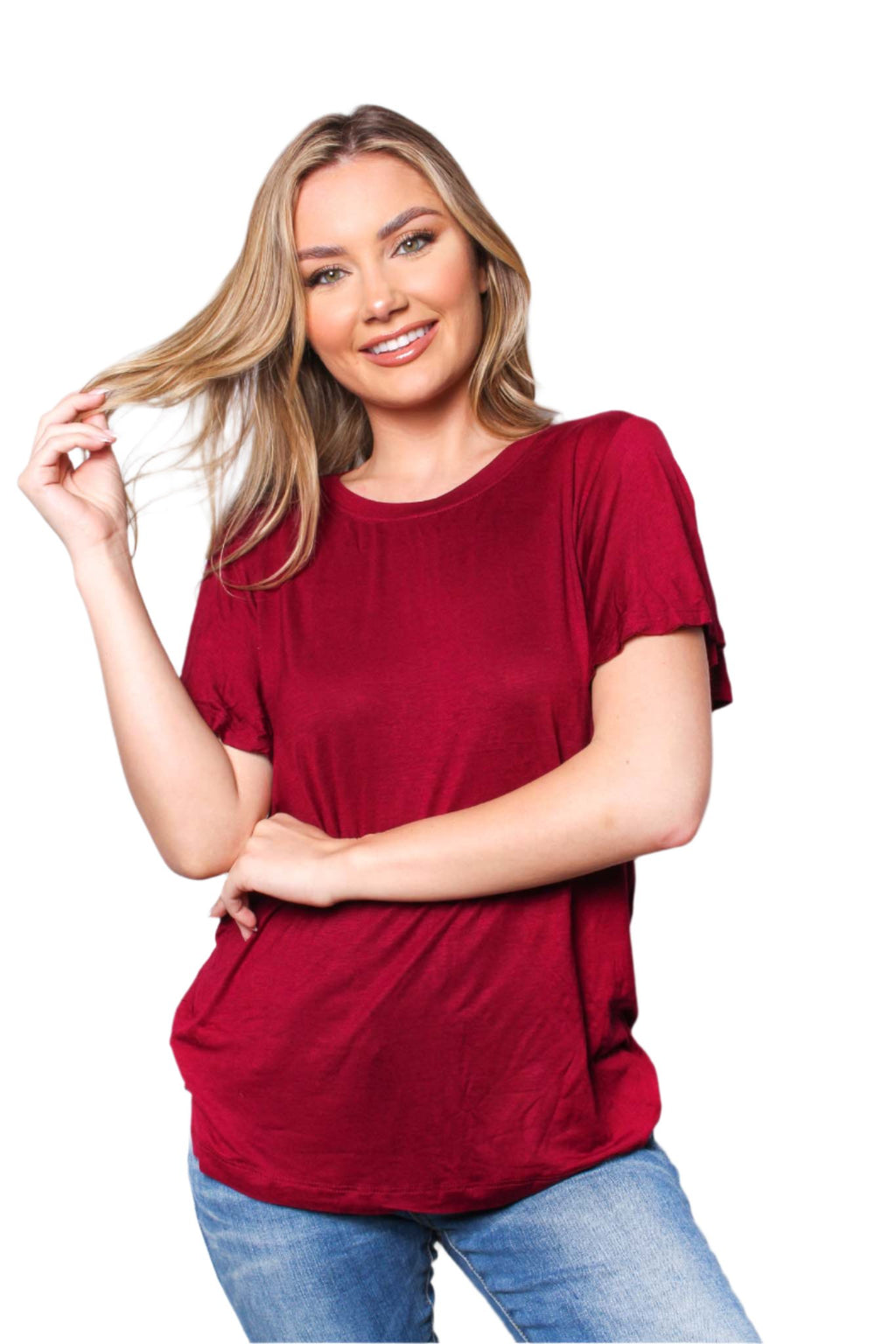 Women's Ruffle Sleeve Round Neck Plain Top