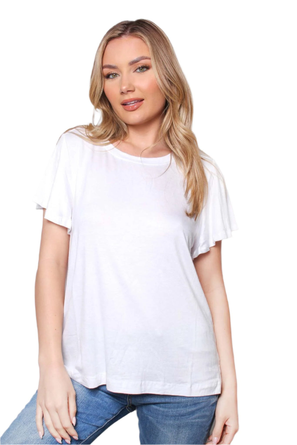 Women's Ruffle Sleeve Round Neck Plain Top