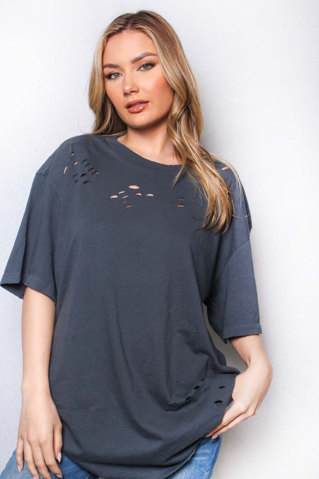 Women's Elbow Sleeve Round Neck Holes Solid Top