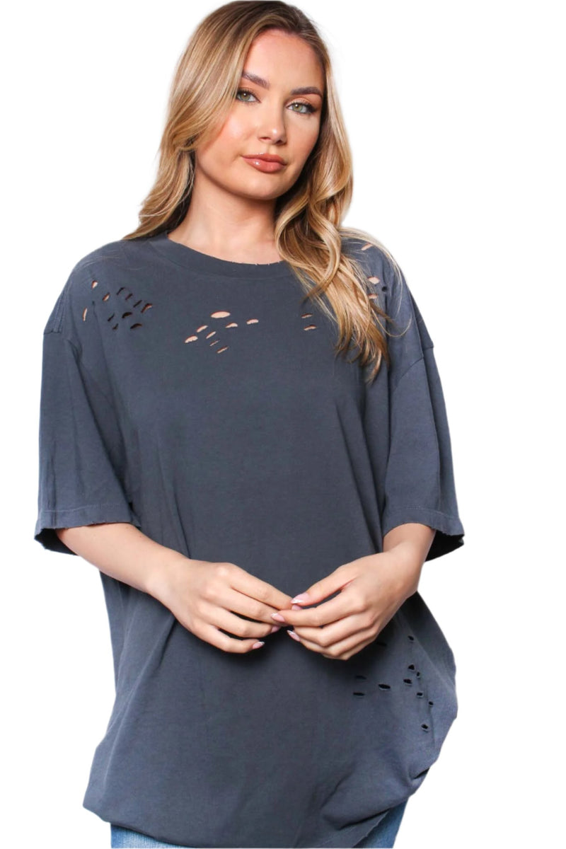 Women's Elbow Sleeve Round Neck Holes Solid Top