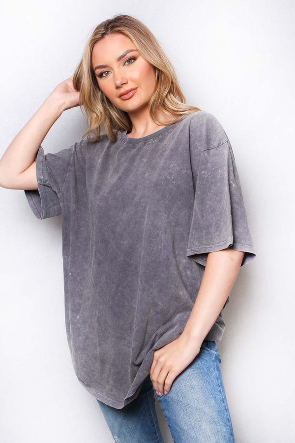 Women's Elbow Sleeve Round Neck Washed Top