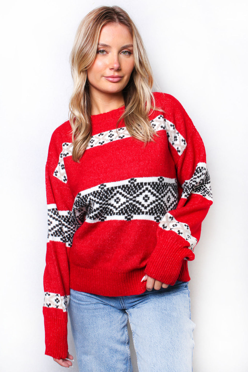 Women's Crew Neck Long Sleeves Knit Folklore Sweater