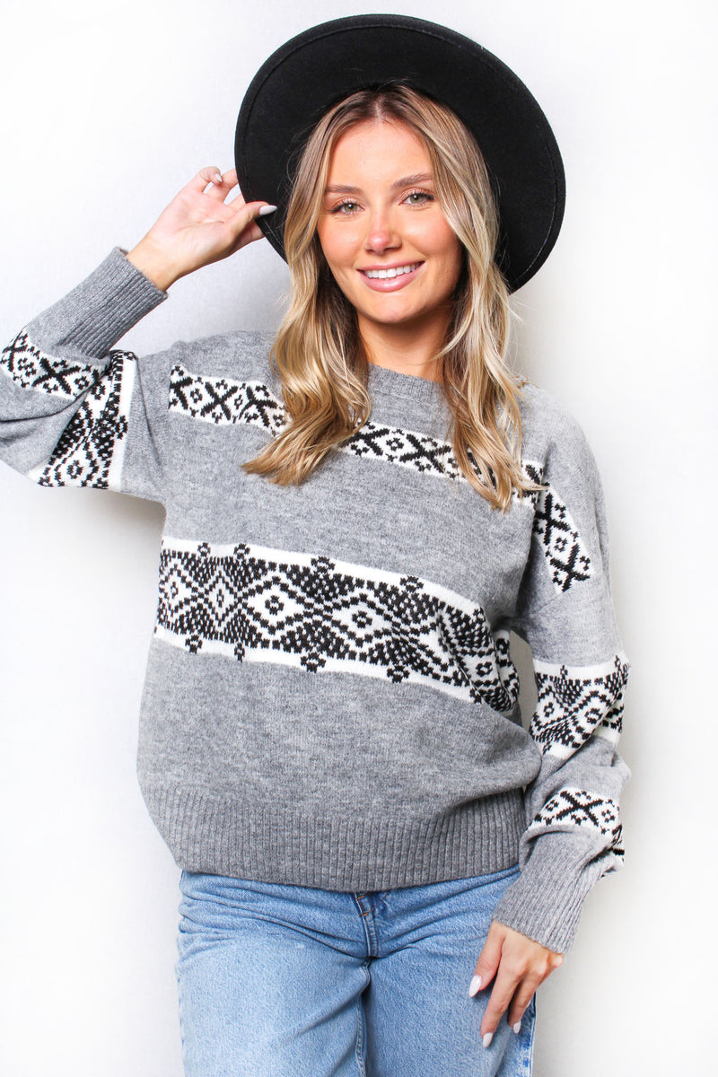 Women's Crew Neck Long Sleeves Knit Folklore Sweater